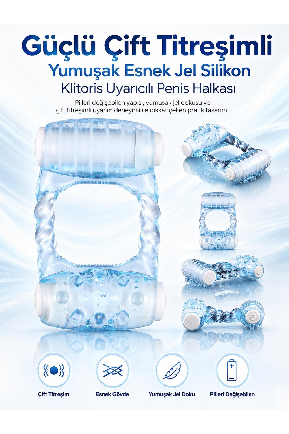 Yumuşak Esnek Jel Silikon Güçlü Çift Titreşimli Klitoris Uyarıcılı Pilleri Değişebilen Penis Halkası