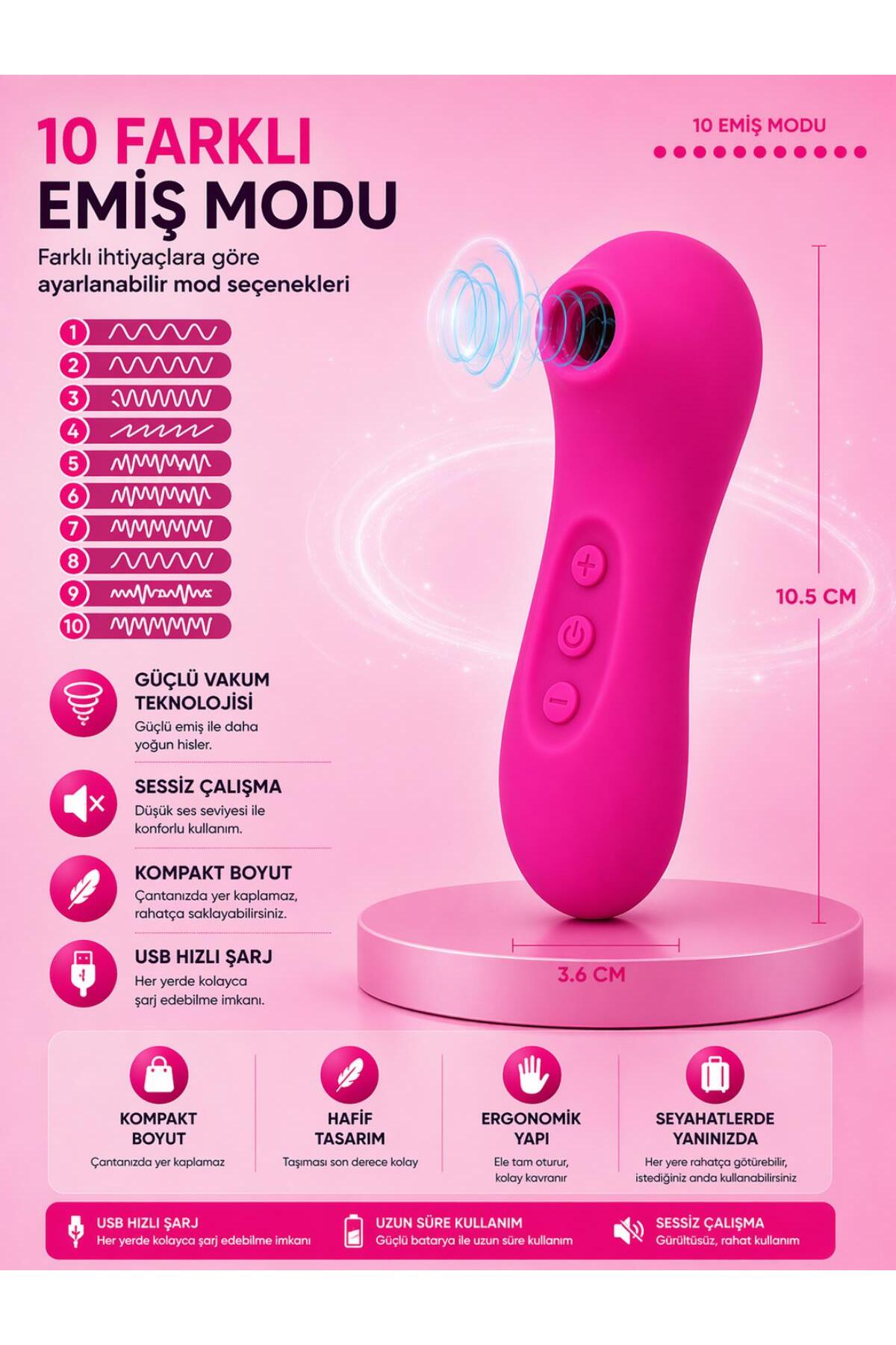 Soft Silikon Doku Usb Şarjlı 10 Farklı Titreşim Emişli Klitoris Emme Hissi Veren Uyarıcılı Vibratör