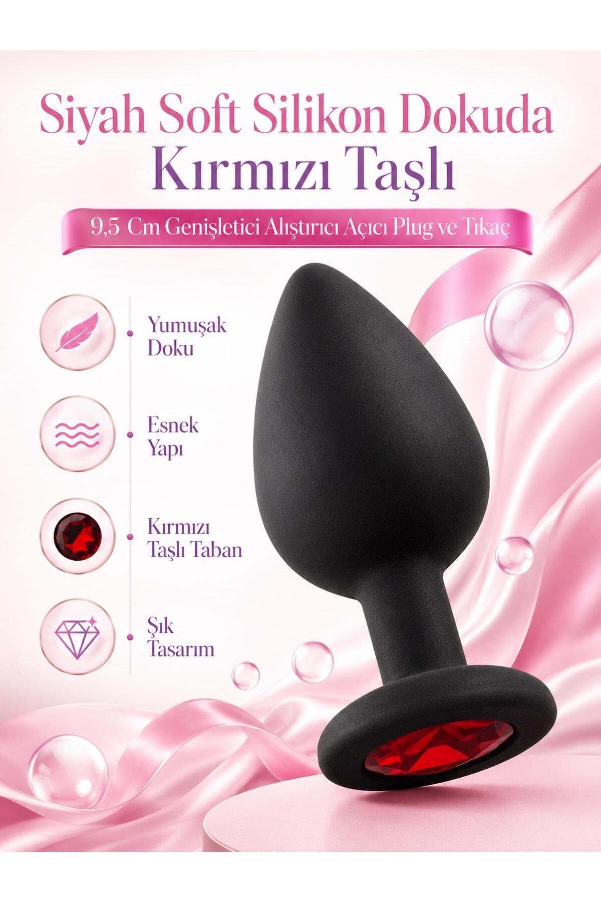 Siyah Soft Silikon Dokuda Kırmızı Taşlı 9,5 Cm Anal Genişletici Alıştırıcı Açıcı Anal Plug ve Tıkaç