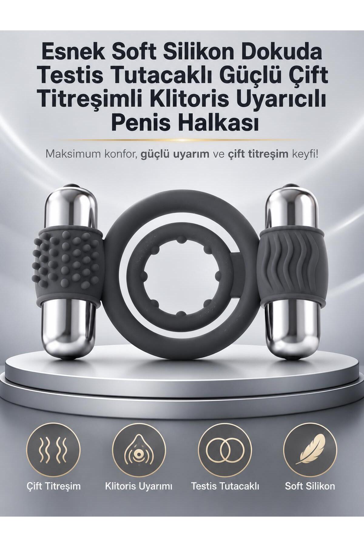 Silikon Soft Esnek Dokuda Testis Tutacaklı Çift Halkalı Titreşimli Klitoris Uyarıcılı Penis Halkası