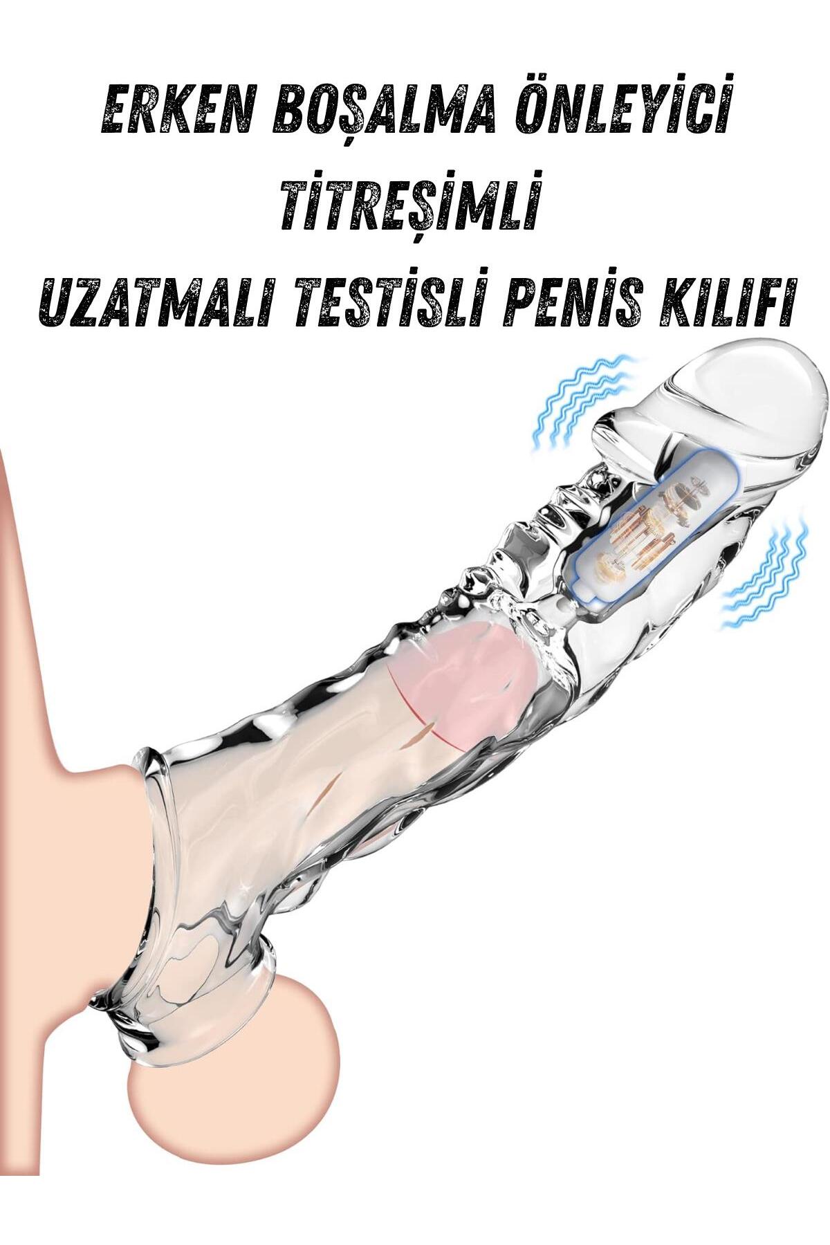 Güçlü Titreşimli 9 Cm Uzatmalı Dolgulu Testisli Şeffaf 22 Cm G Nokta Klitoris Uyarıcılı Penis Kılıfı
