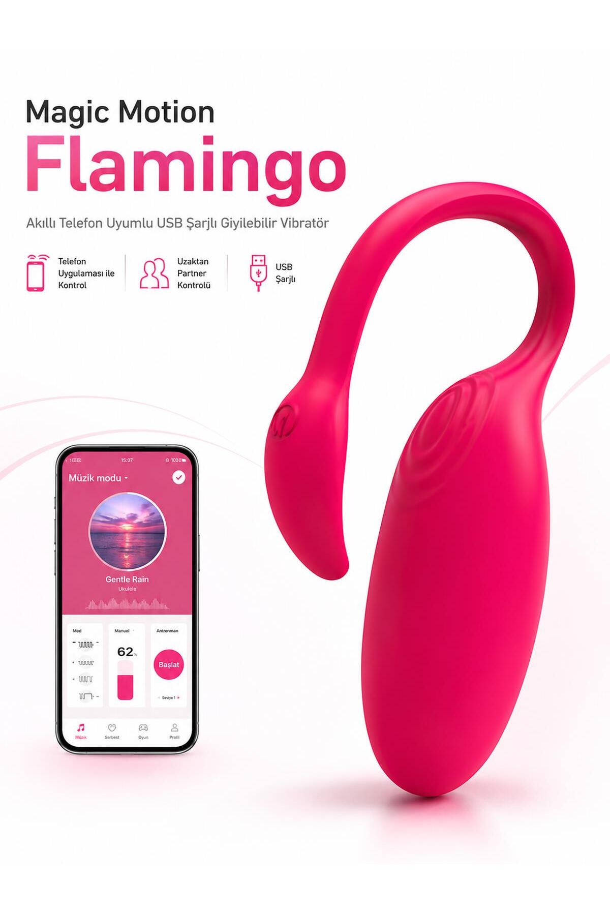 Flamingo Telefon Uygulamalı Kontrollü Şarjlı Güçlü Titreşim Modu Silikon Dokuda Giyilebilir Vibratör