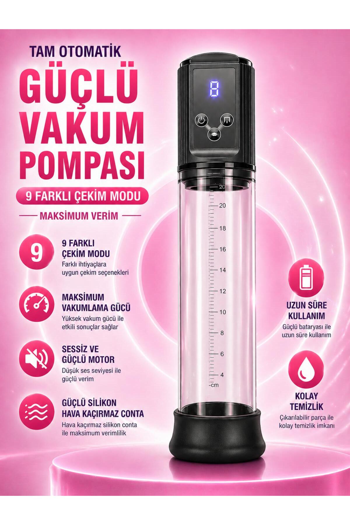 LCD Ekranlı Şarjlı 9 Güçlü Vakum Fonksiyonlu Penis Kalınlaştırıcı Uzatıcı Tam Otomatik Penis Pompası