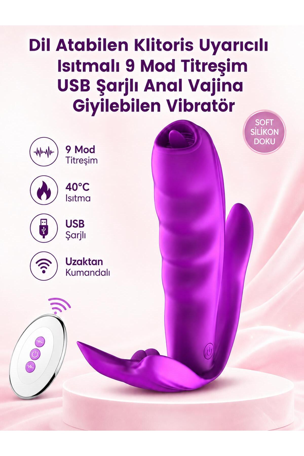Usb Şarjlı Dil Atabilen Klitoris Uyarıcılı Isıtmalı 9 Mod Titreşim Anal Vajina Giyilebilir Vibratör