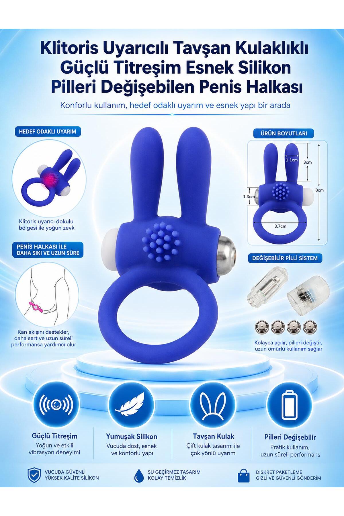 Tavşan Kulaklıklı Klitoris Uyarıcılı Güçlü Titreşimli Soft Esnek Silikon Dokuda Penis Halkası