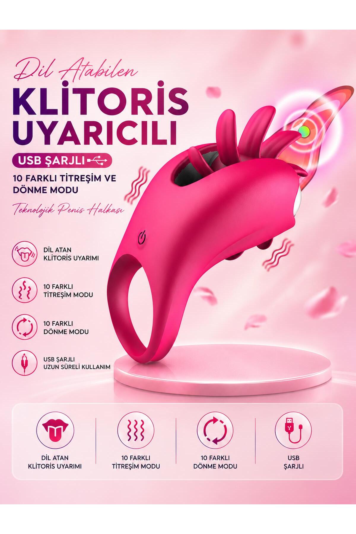 Dil Atabilen Klitoris Uyarıcılı 10 Farklı Titreşim Ve 10 Farklı Dönme Modu Usb Şarjlı Penis Halkası