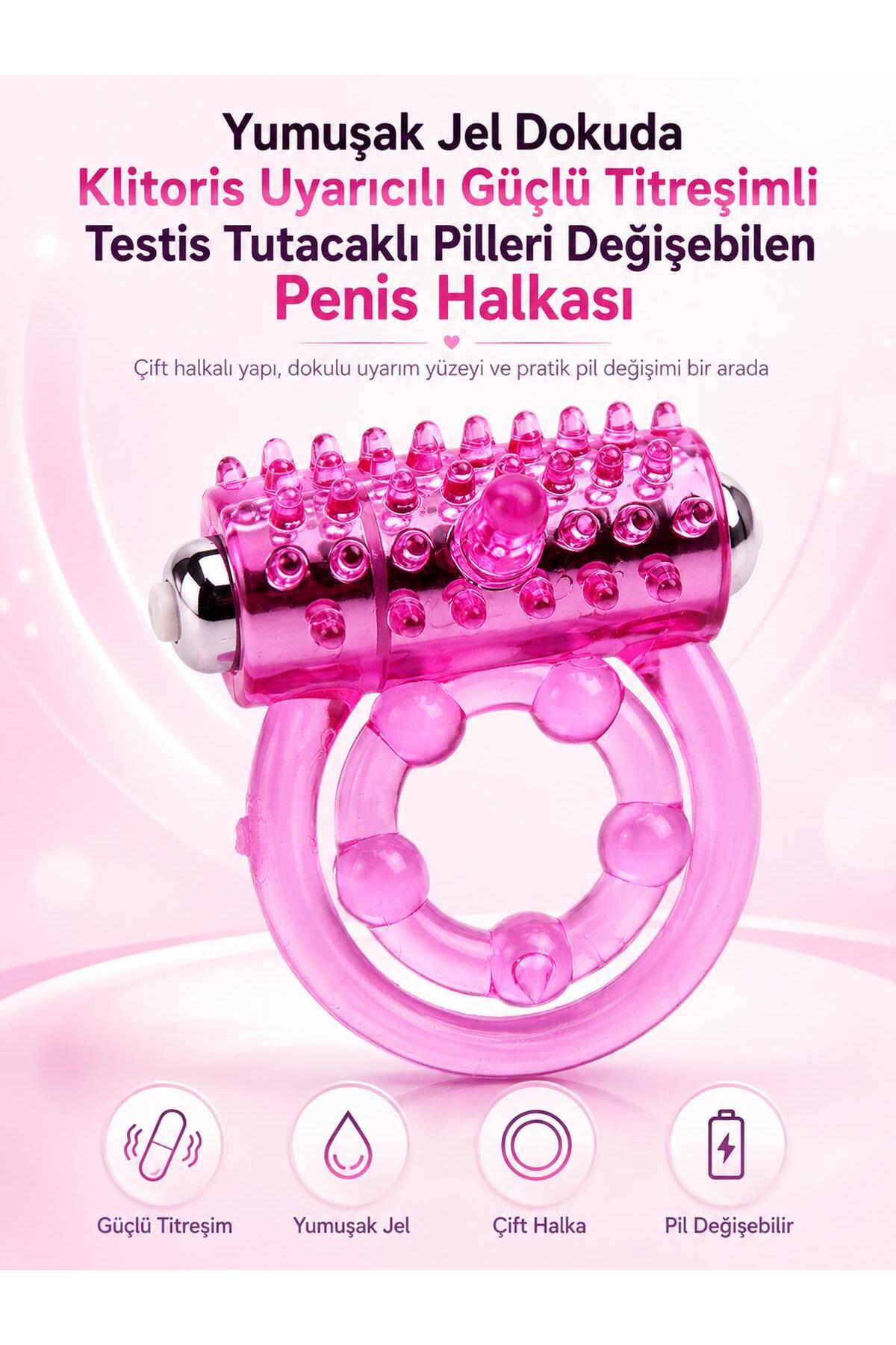 Yumuşak Jel Dokuda Klitoris Uyarıcılı Titreşimli Testis Tutacaklı Pilleri Değişebilen Penis Halkası