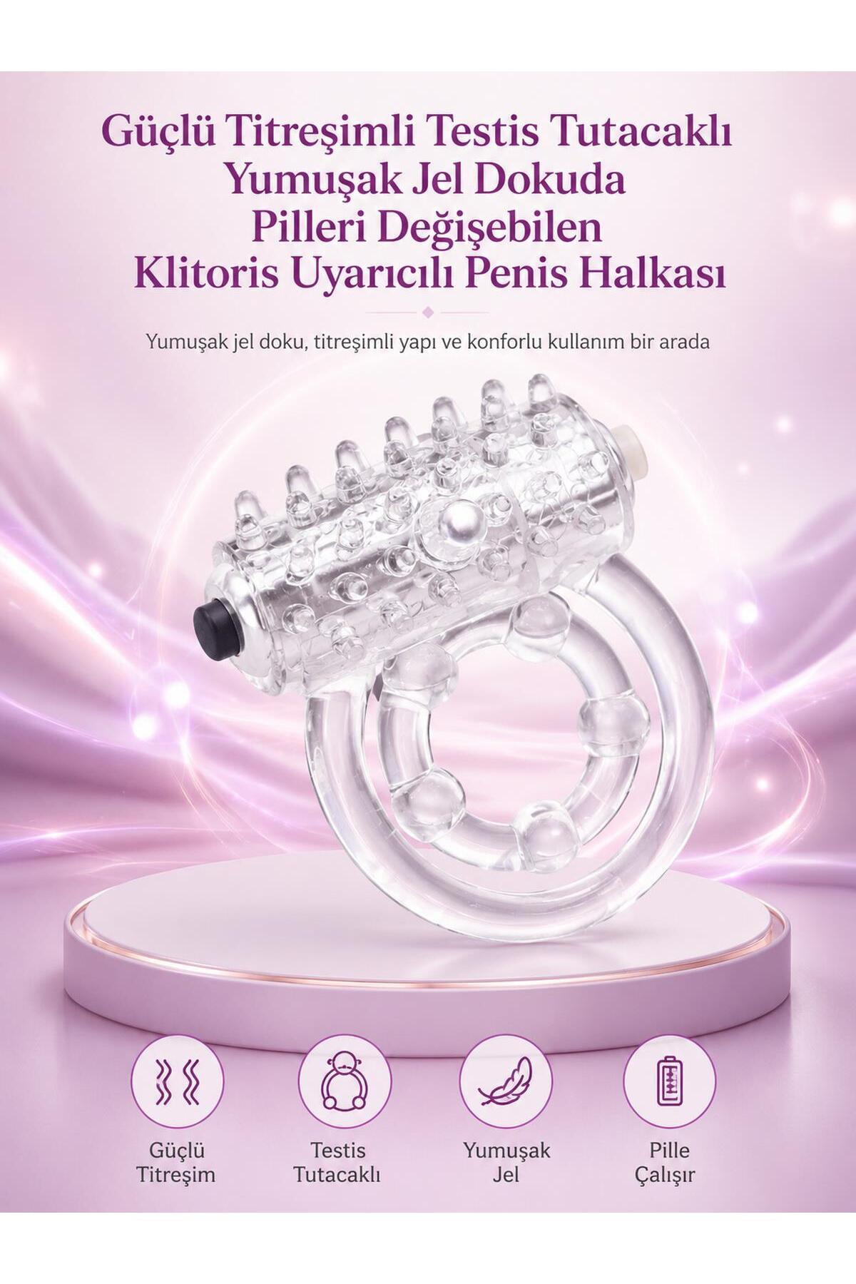 Güçlü Titreşimli Klitoris Uyarıcılı Jel Dokuda Testis Tutacaklı Pilleri Değişebilen Penis Halkası