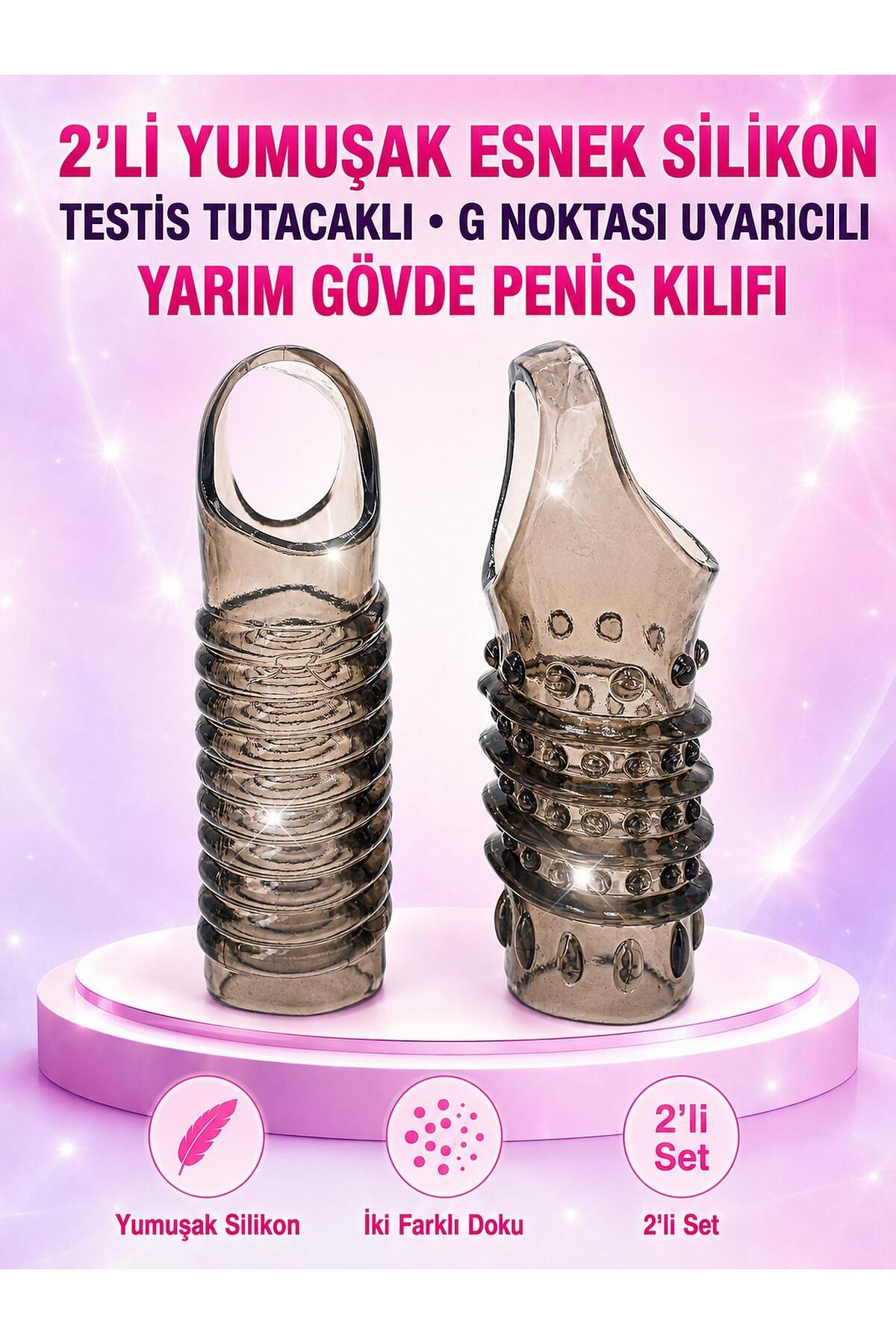 2'li Yumuşak Esnek Silikon Dokuda Testis Tutacaklı G Noktası Uyarıcılı Yarım Gövde Penis Kılıfı