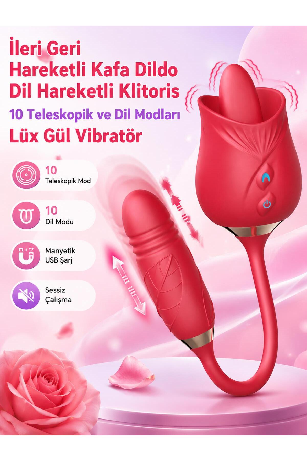 Dil Hareketli İleri Geri Hareketli Kafa Dildo Klitoris 10 Dil Modları Ve Teleskopik Lüx Gül Vibratör