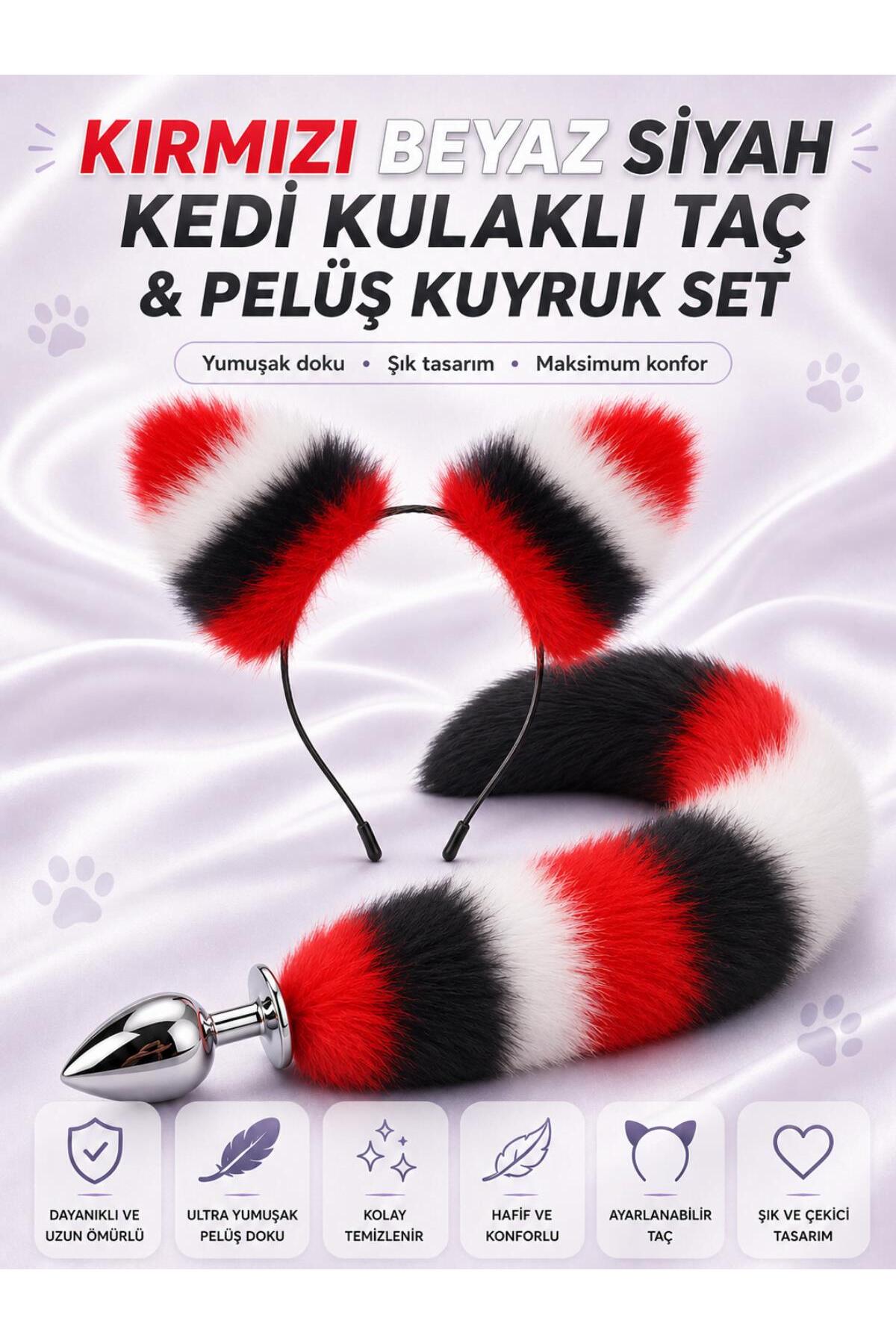 Tüylü Anal Tıkaç Kedi Kulaklı Taç Pelüş Anal Plug Kuyruk Tıkaç Kırmızı Siyah Plug Açıcı Fantezi Set