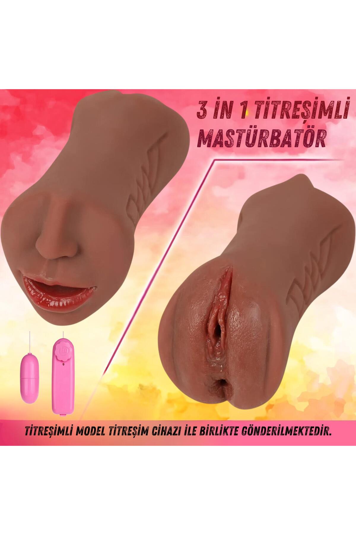 Titreşimli Ağız Dil Ve Diş Yapısı Gerçekçi Doku 3 Girişli Oral Vajina Anal Esmer 20.5 Cm Mastürbatör