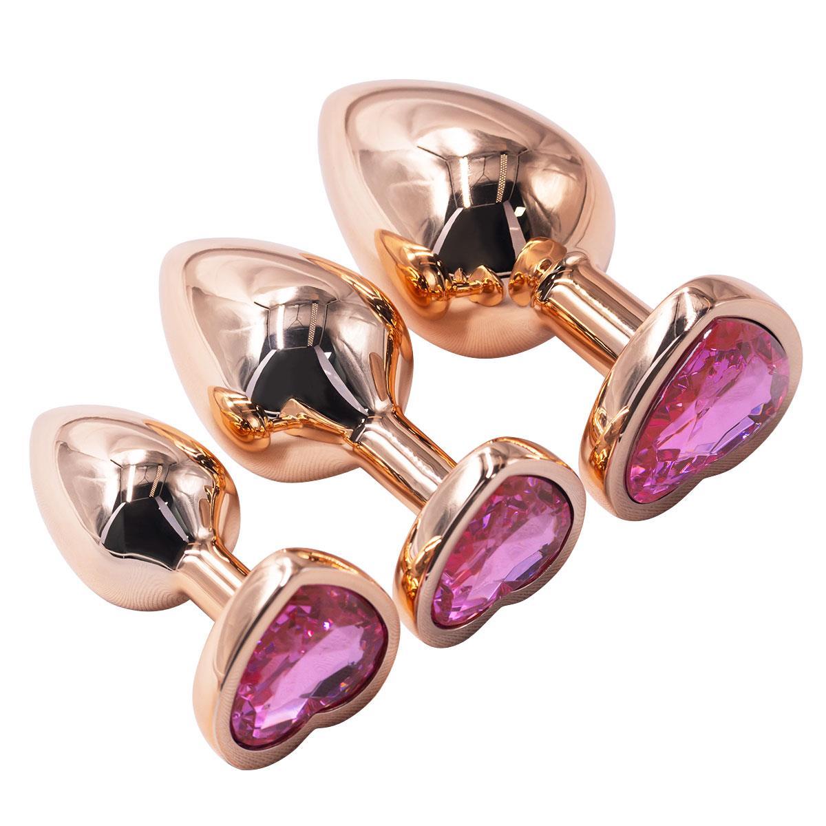 Fuşya Mücevher Taşlı Kalpli Altın Rengi Metal 3 Farklı Boyutta Anal Alıştırıcı Açıcı Plug Tıkaç Set