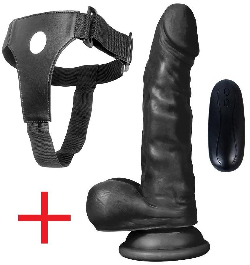 Gerçekçi Belden Bağlamalı Zenci Kemerli 17.5 Cm 10 Mod Titreşim Siyah Dildo Realistik Takma Vibratör