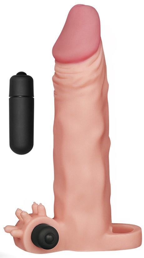 Gerçekçi Doku Hissiyatı Güçlü Titreşimli 5.5 Cm Dolgulu Uzatmalı 19 Cm Testis Tutacaklı Penis Kılıfı
