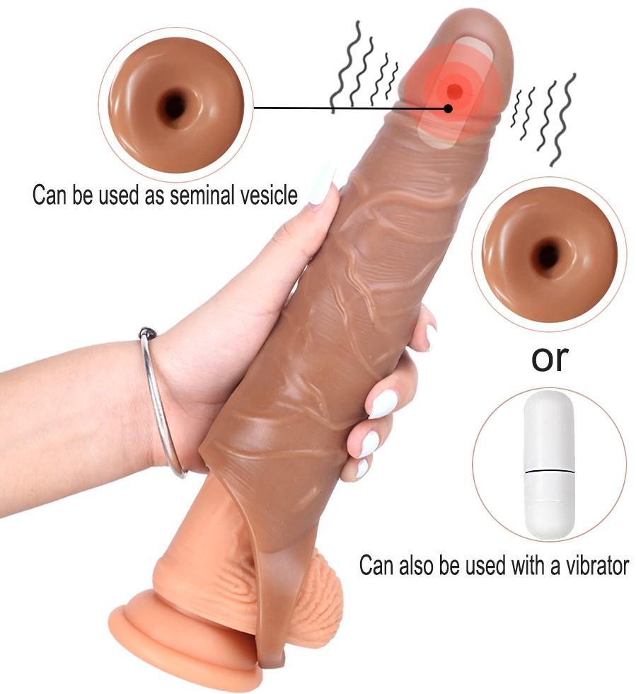 Gerçekçi Dokuda Titreşimli 6 Cm Uzatmalı Dolgulu 25 Cm Testis Tutacaklı Melez Büyük Boy Penis Kılıfı