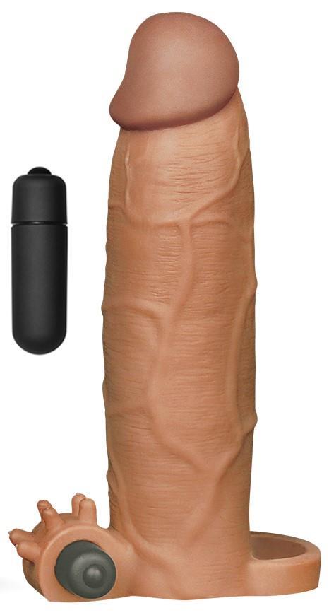 Gerçekçi Güçlü Titreşimli 5.5 Cm Uzatmalı Dolgulu 20 Cm Testis Tutacaklı Melez Kalın Penis Kılıfı