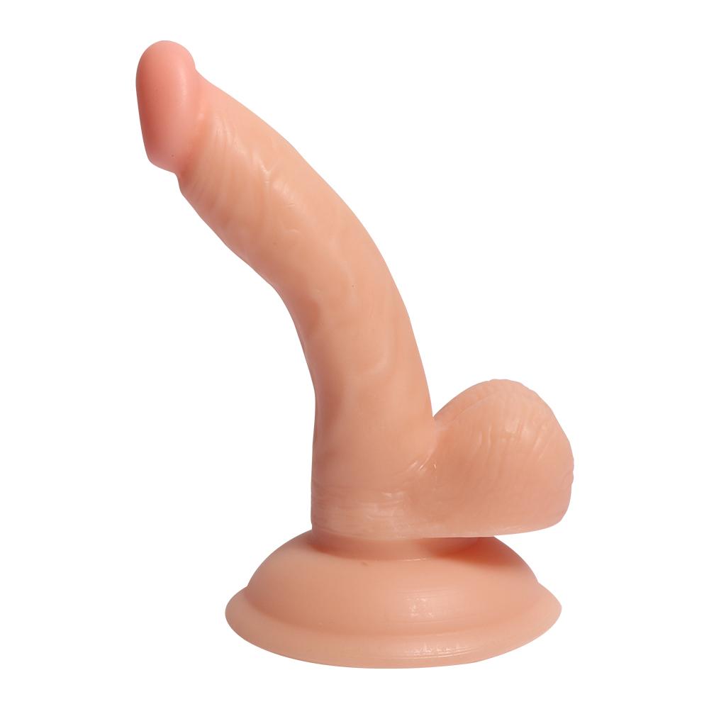 Gerçekçi Yumuşak Dokuda 13 Cm Testisli Düz Zeminlere Yapışabilen Eğik Realistik Dildo Penis
