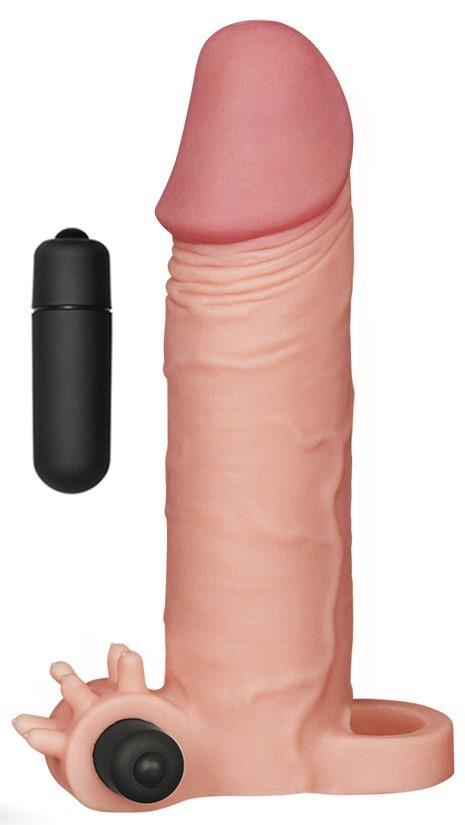 Güçlü Klitoris Titreşimli Gerçekçi Dokuda 5 Cm Dolgulu Uzatmalı 17 Cm Testis Tutacaklı Penis Kılıfı