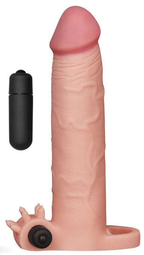 Güçlü Titreşimli Testis Tutacaklı 7.5 Cm Uzatmalı Dolgulu 19.5 Cm Gerçekçi Yumuşak Doku Penis Kılıfı