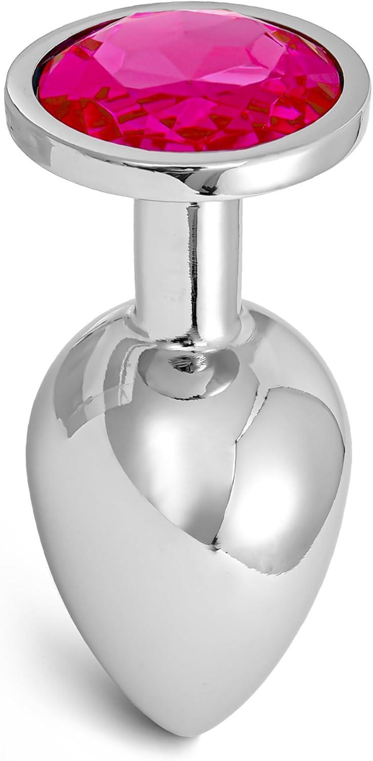Gümüş Metal Fuşya Mücevher Taşlı Paslanmaz Çelik 7 Cm Anal Açıcı Genişletici Alıştırıcı Plug Tıkaç