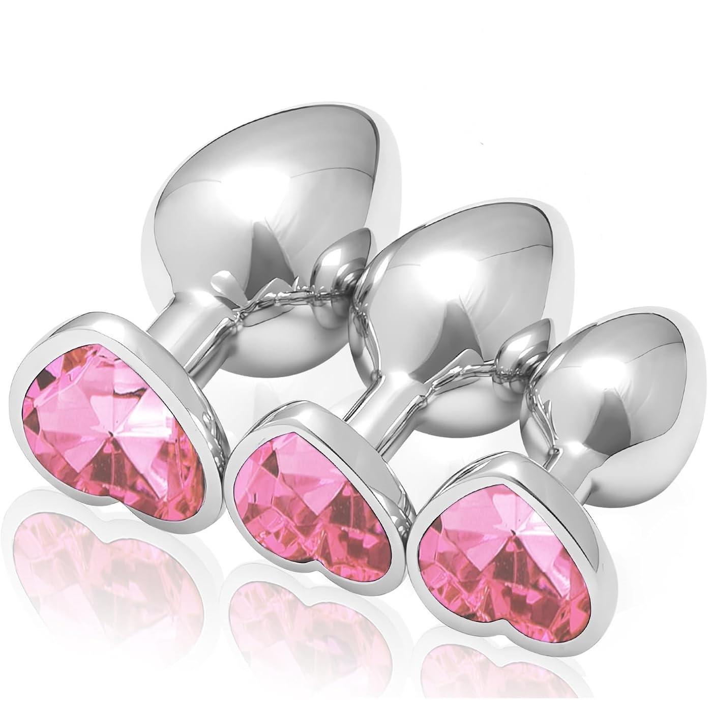 Gümüş Metal Kalpli Pembe Mücevher Taşlı 3 Farklı Boyutta Anal Genişletici Alıştırıcı Plug Tıkaç Set