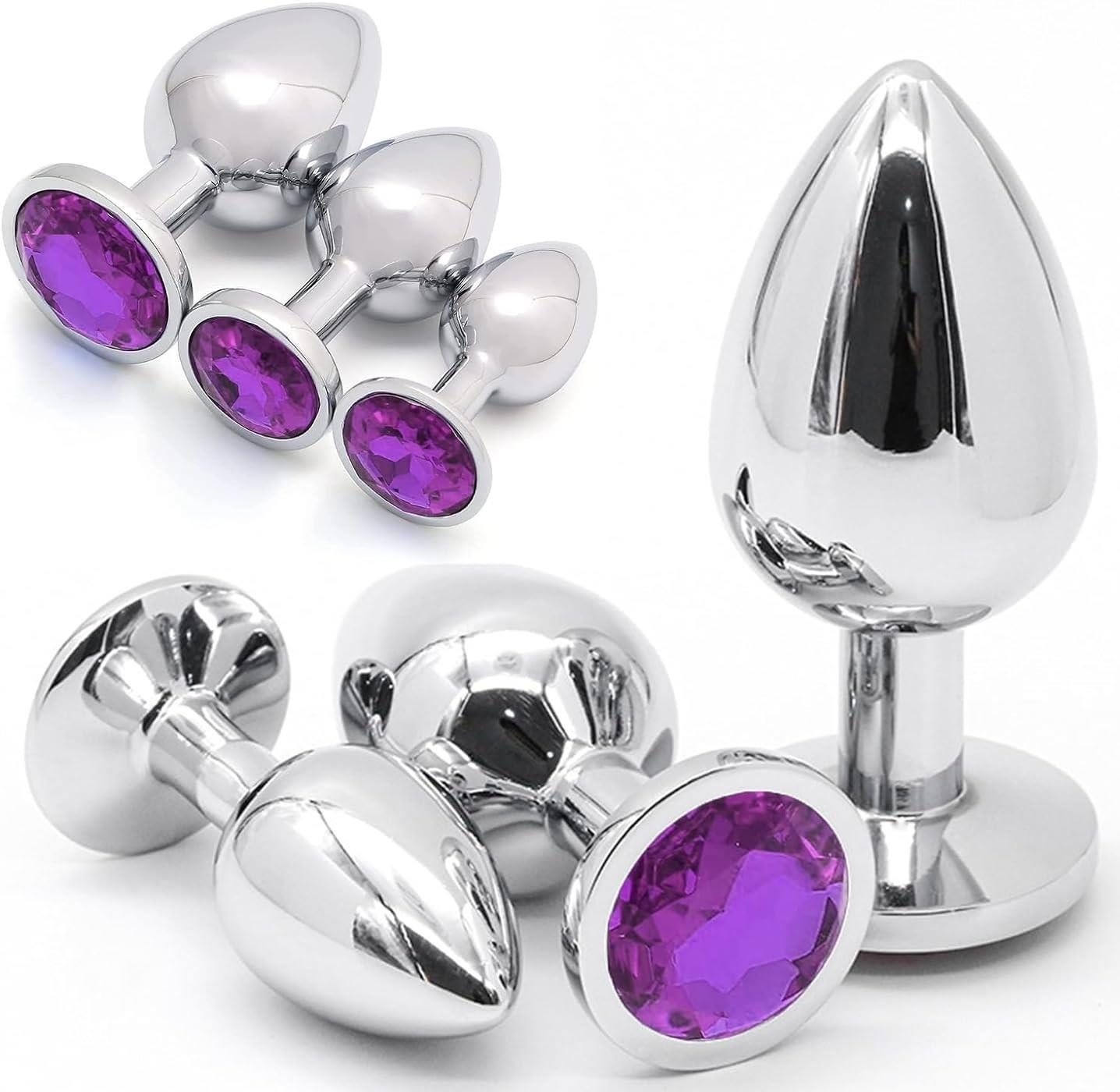 Gümüş Metal Paslanmaz Mücevher Mor Taşlı 3 Farklı Boyutta Alıştırıcı Genişletici Anal Plug Tıkaç Set