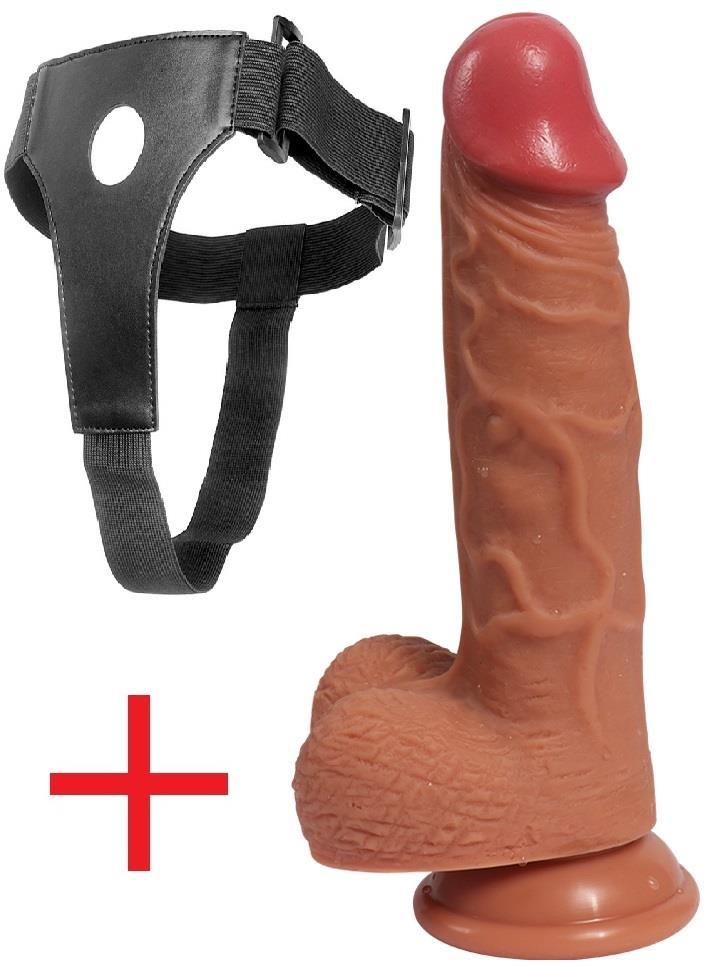 Kalın 20.5 Cm Belden Bağlamalı Özel Doku Çift Katmanlı Dildo Kemerli Vantuzlu Realistik Takma Penis