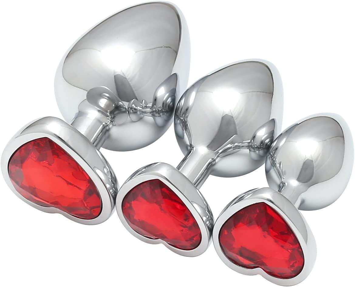 Kalpli Gümüş Metal Kırmızı Mücevher Taşlı 3 Farklı Boyut Anal Genişletici Alıştırıcı Plug Tıkaç Set