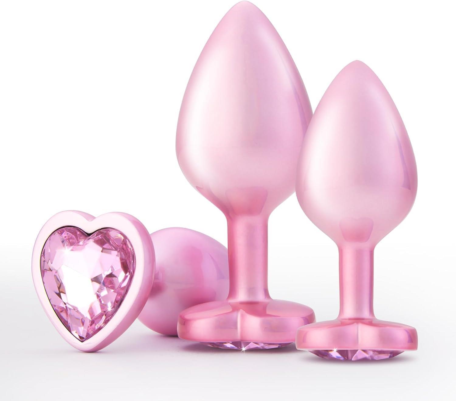 Kalpli Pembe Metal Mücevher Pembe Taşlı 3 Farklı Boyutta Anal Genişletici Alıştırıcı Tıkaç Plug Seti