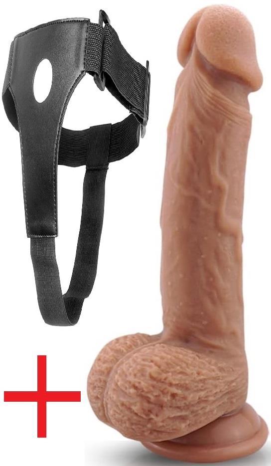 Kemerli Çift Katmanlı Gerçekçi Dokuda 22.5 Cm Belden Bağlamalı Penis Vantuzlu Realistik Takma Dildo