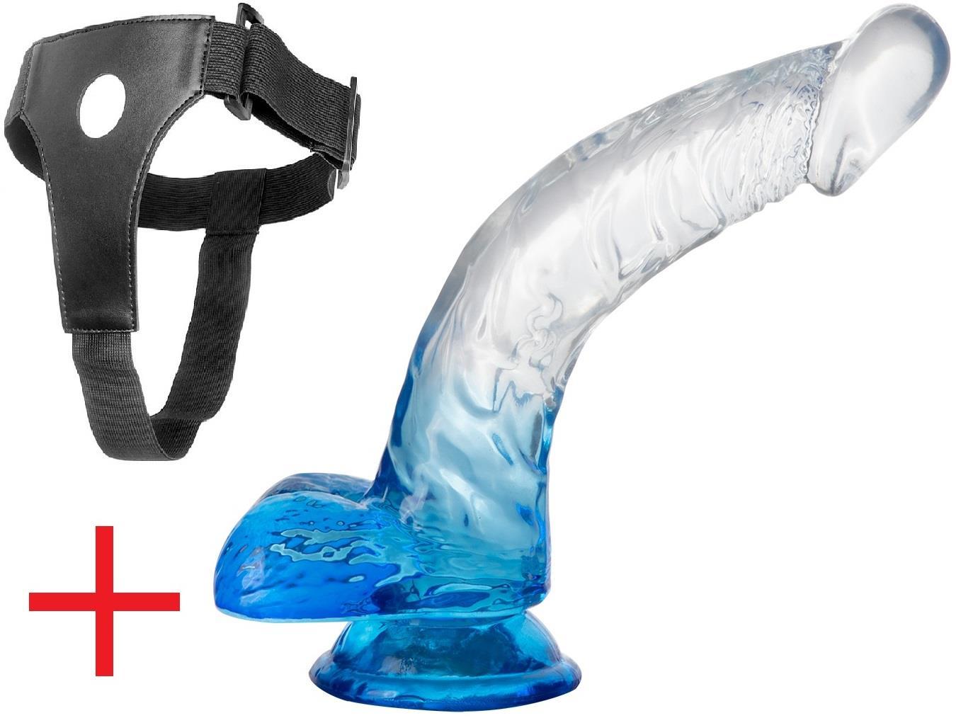 Kemerli Şeffaf Mavi Jel Dokuda Testisli 20 Cm Belden Bağlamalı Vantuzlu Realistik Takma Dildo Penis
