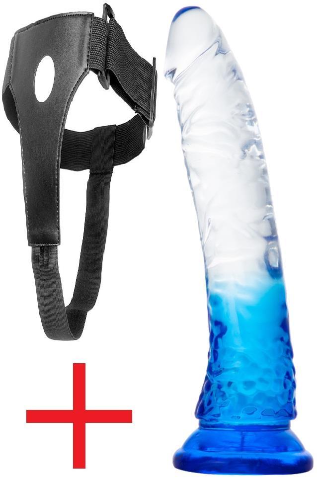 Kemerli Şeffaf Mavi Yumuşak Jel Doku Yumurtalıksız 21 Cm Belden Bağlamalı Vantuzlu Takma Dildo Penis