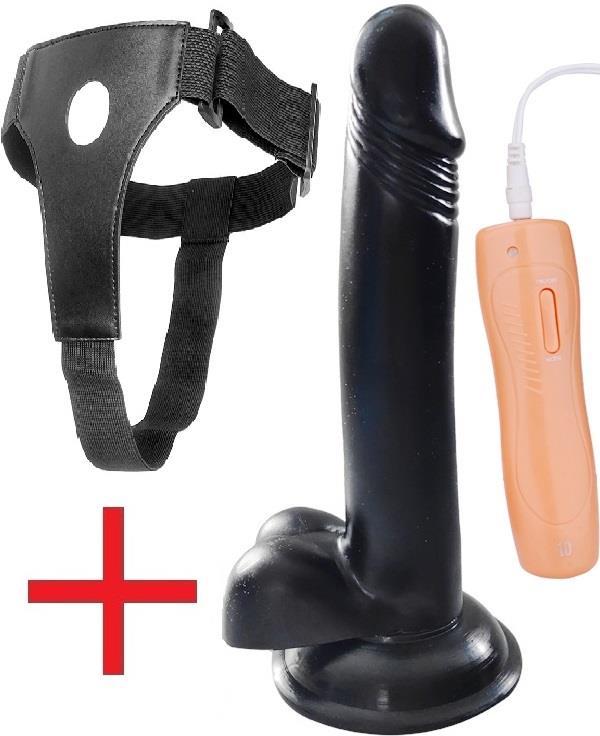 Kemerli Takma Siyah Vibratör 21 Cm 10 Mod Titreşim Oynar Başlıklı Belden Bağlamalı Zenci Dildo Penis