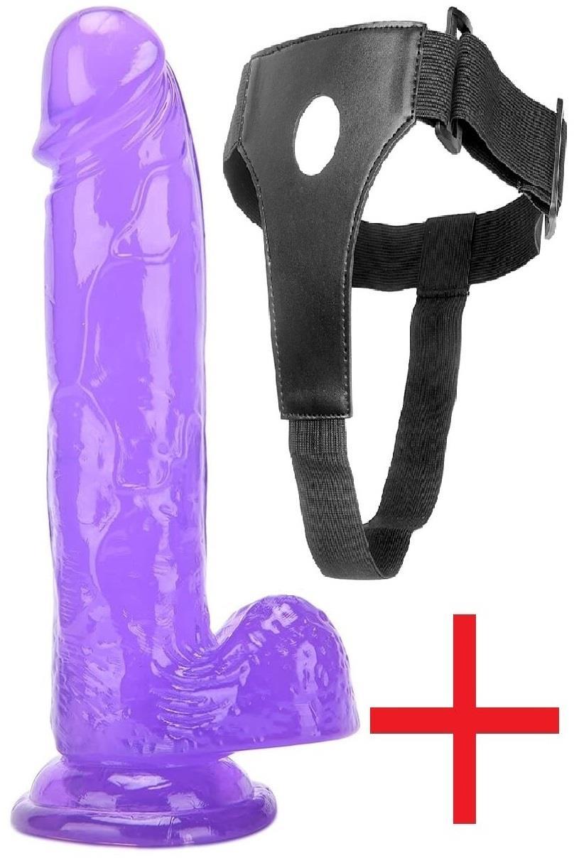 Kemerli Yumuşak Mor Esnek Jel Dokuda 21.5 Cm Belden Bağlamalı Vantuzlu Realistik Takma Dildo Penis