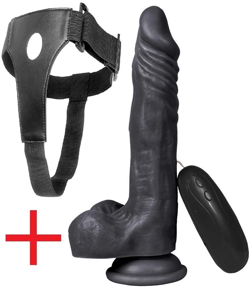 Kemerli Zenci 21.5 Cm 10 Mod Titreşim Dildo Belden Bağlamalı Penis Vantuzlu Realistik Siyah Vibratör