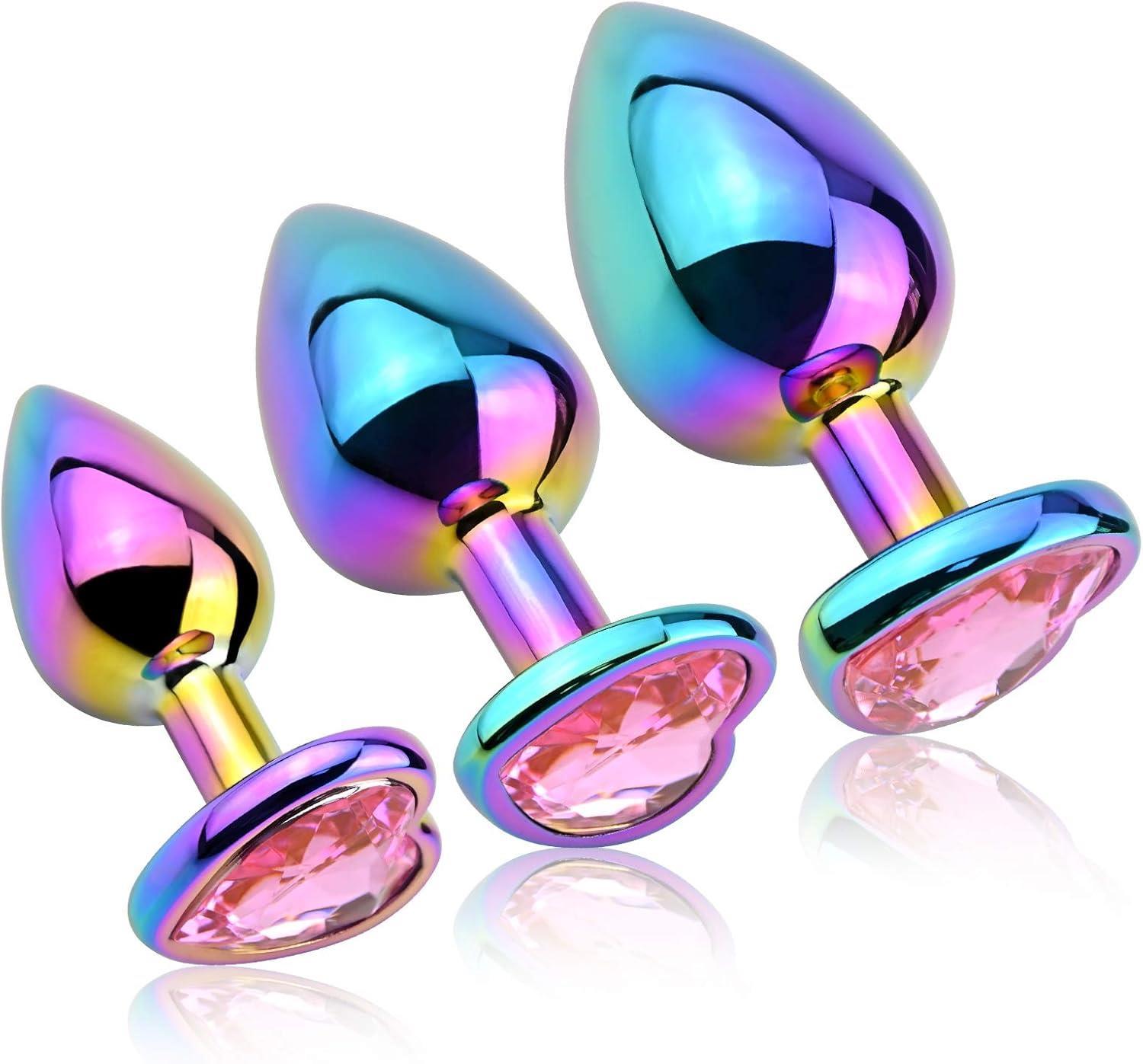 Metal Renkli 3 Farklı Boyutta Kalpli Pembe Mücevher Taşlı Anal Genişletici Açıcı Tıkaç Plug Seti