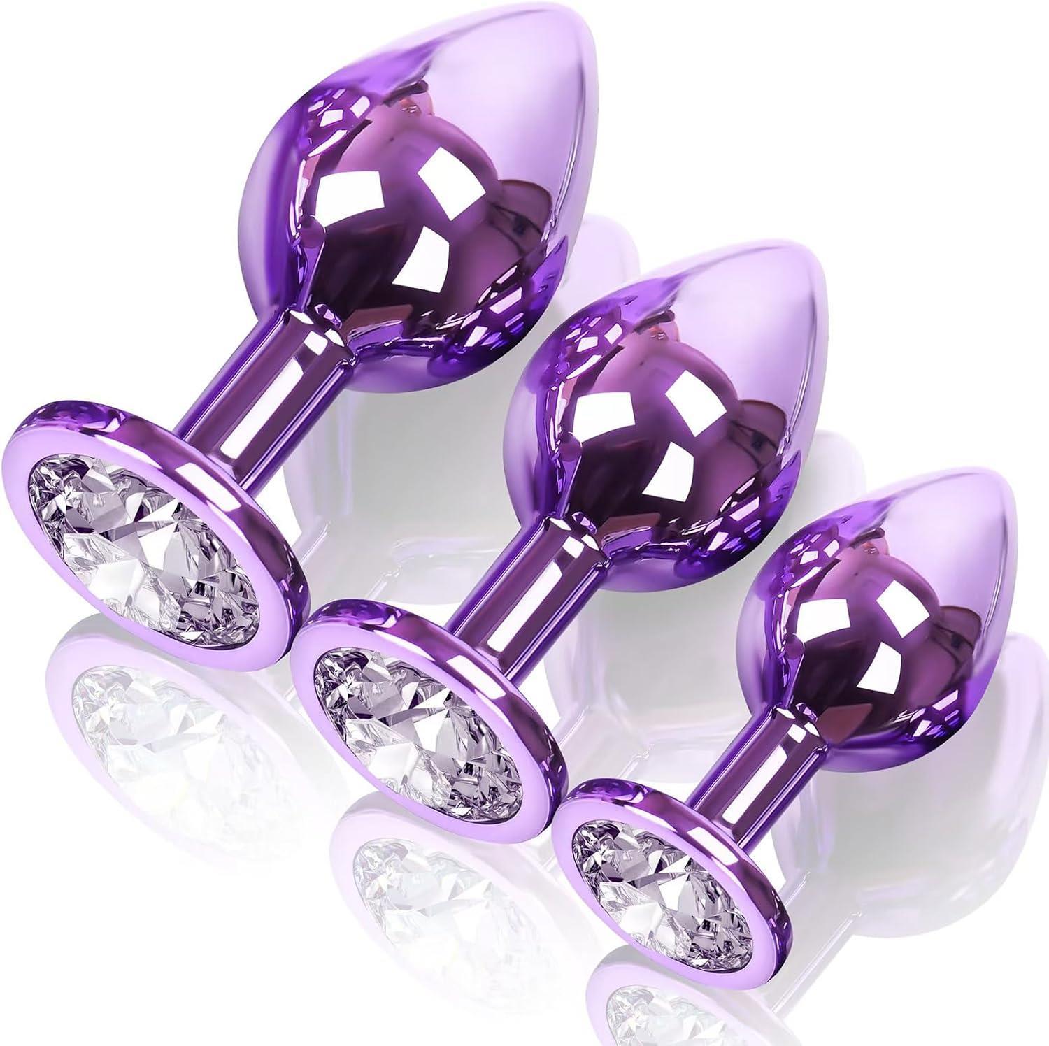 Mor Metal Mücevher Beyaz Taşlı Anal Alıştırma 3 Farklı Boyutlarda Genişletici Açıcı Plug Tıkaç Set