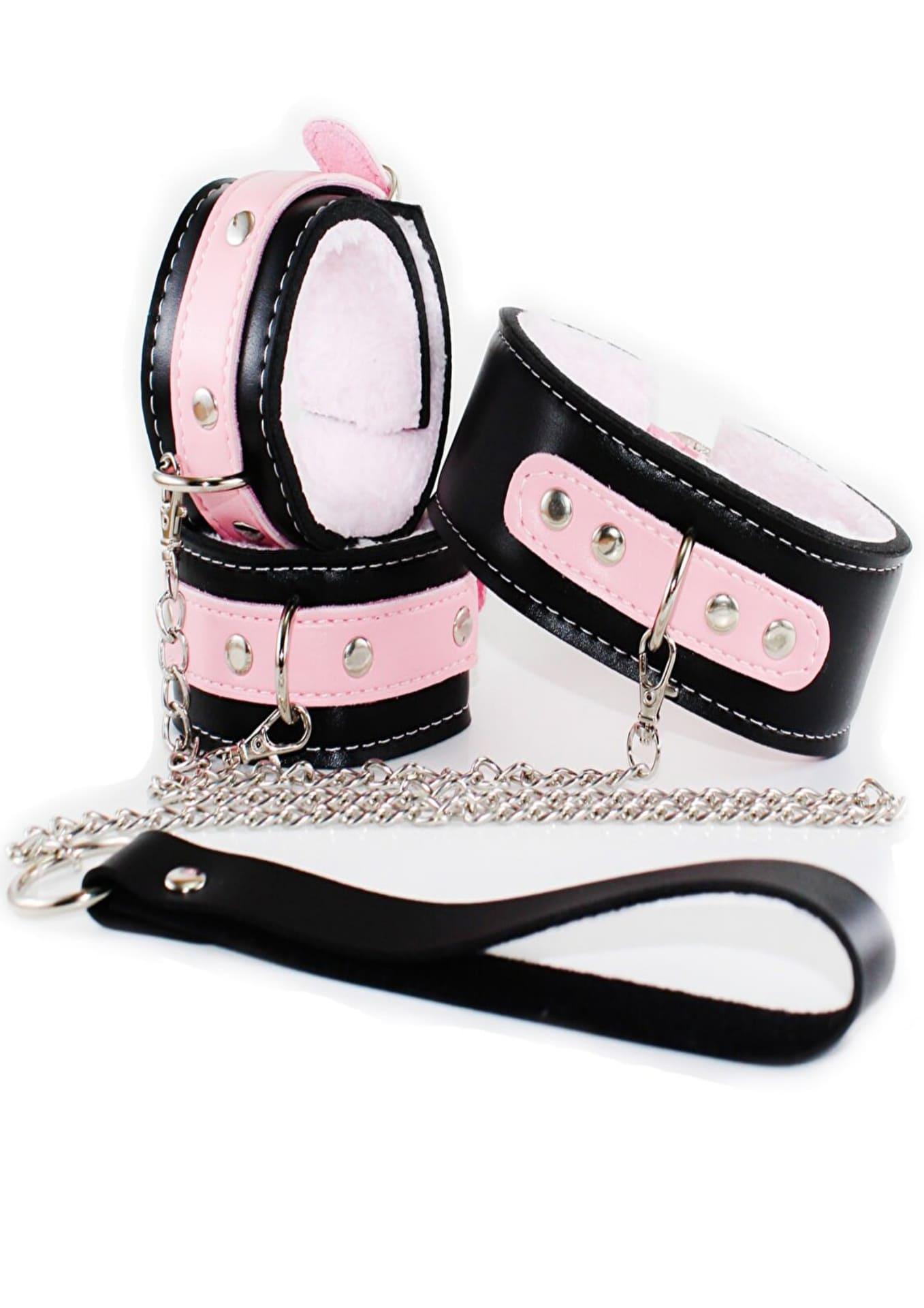Pembe - Siyah Tasma ve Kelepçe Fetiş Set
