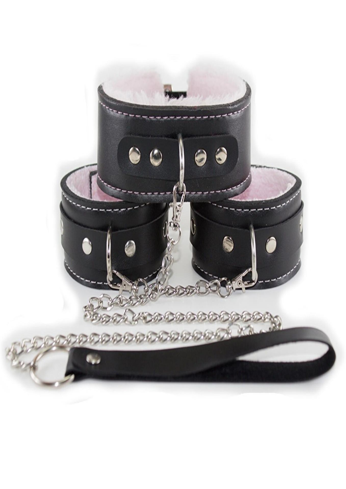 Pembe Siyah Peluşlu Kelepçe Tasma Fetiş Set