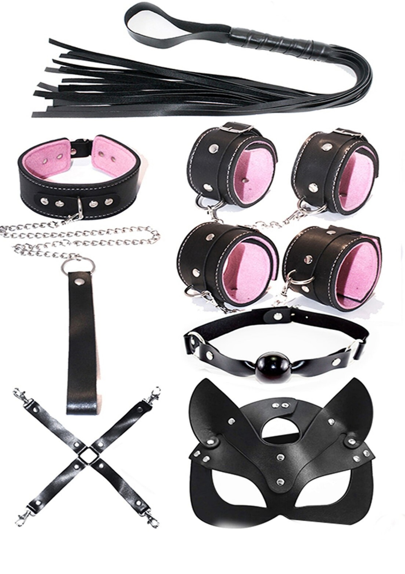 7 Parça Siyah Pembe Deri Kedi Masketli BDSM Seti
