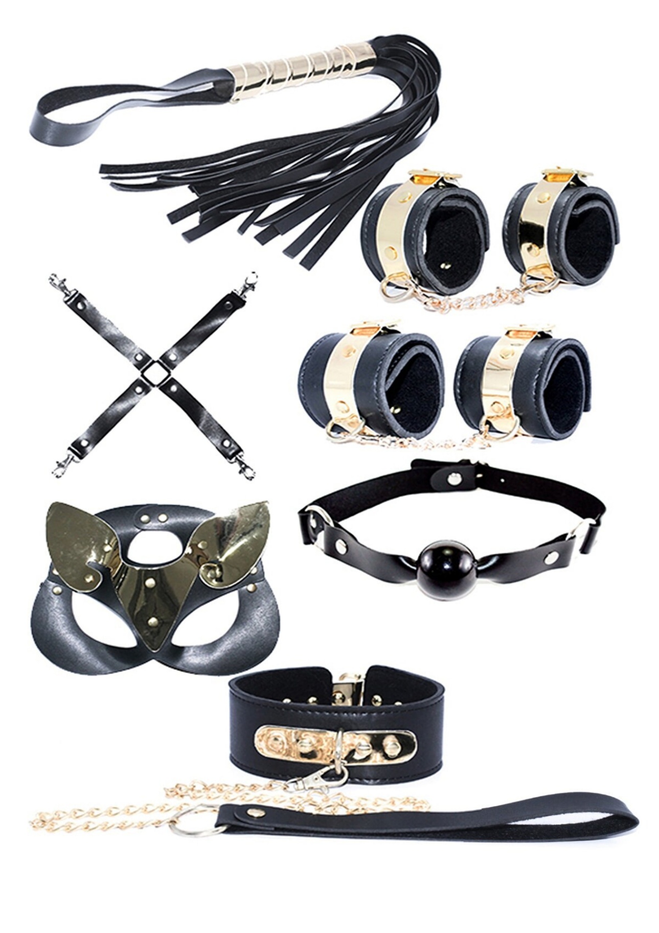 7 Parça Siyah Sarı Deri Kedi Maskeli BDSM Seti