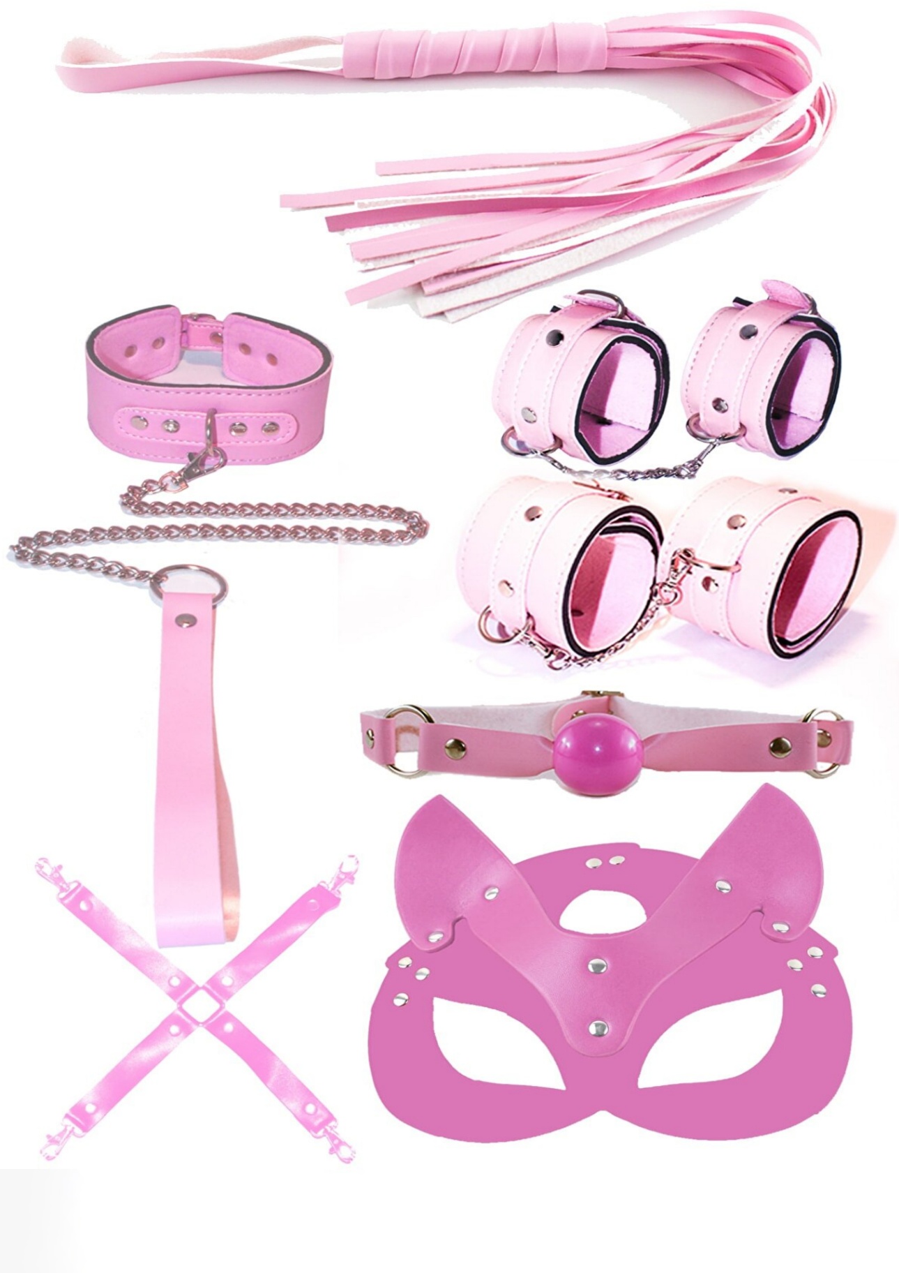 7 Parça Pembe Deri Kedi Maskeli BDSM Seti
