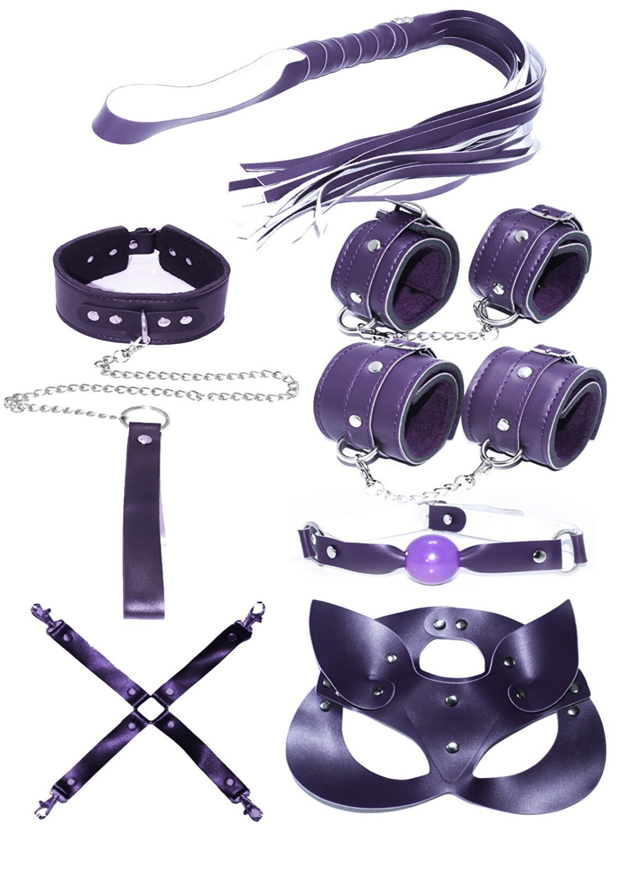 7 Parça Mor Deri Kedi Maskeli BDSM Seti