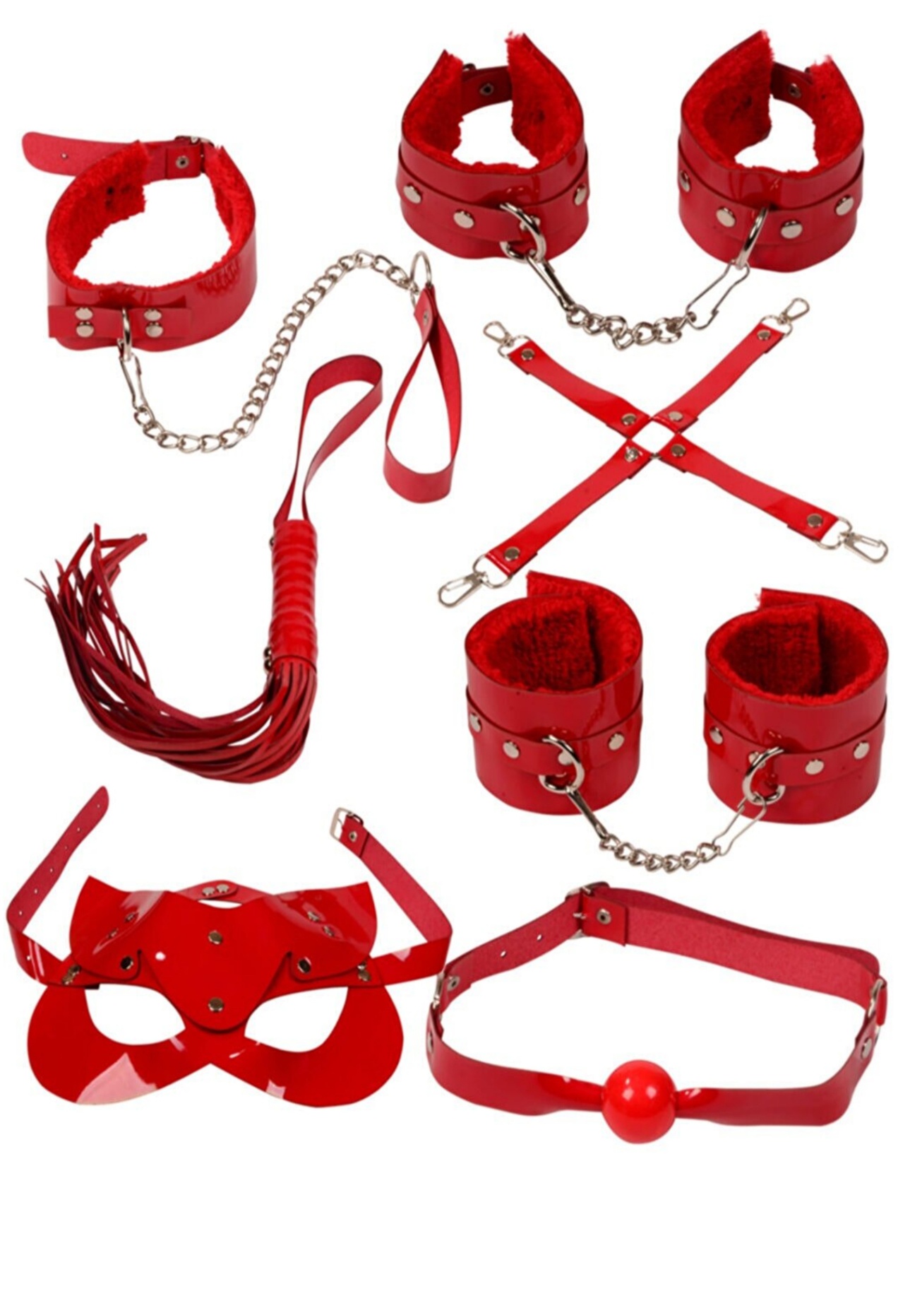 7 Parça Kırmızı Kedi Maskeli Deri Vücut Harness Seti