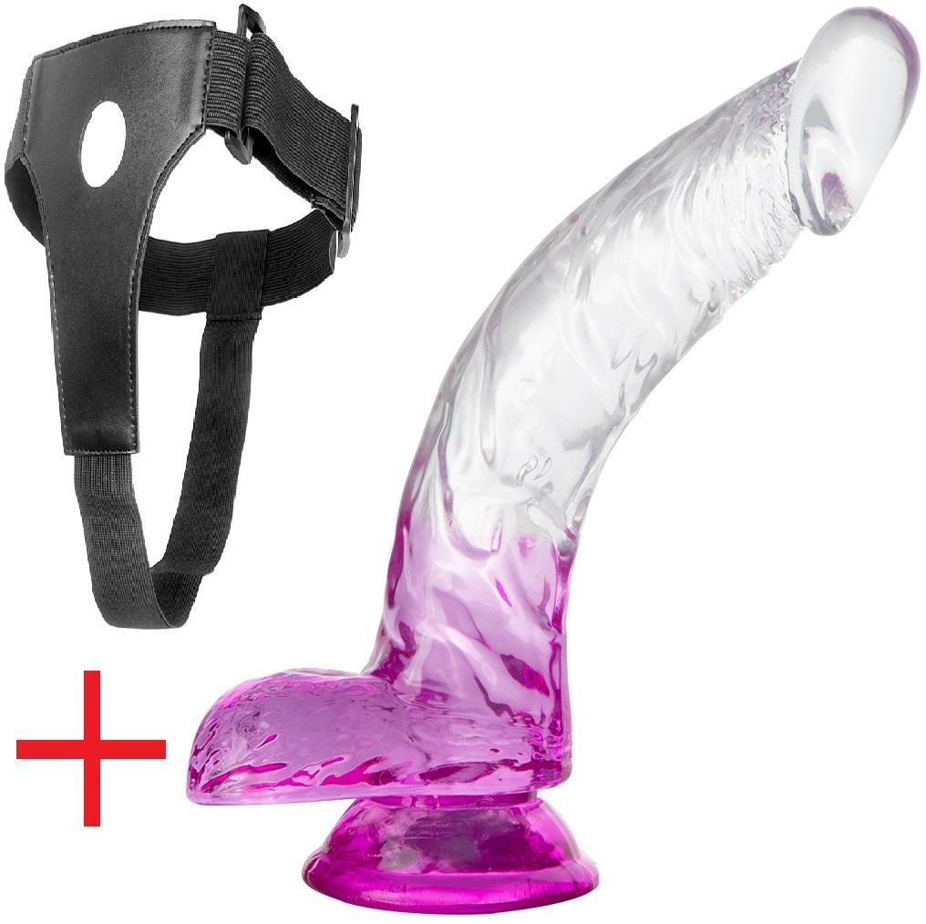 Şeffaf Mor Jel Dokuda Kemerli 20 Cm Testisli Belden Bağlamalı Vantuzlu Realistik Takma Dildo Penis