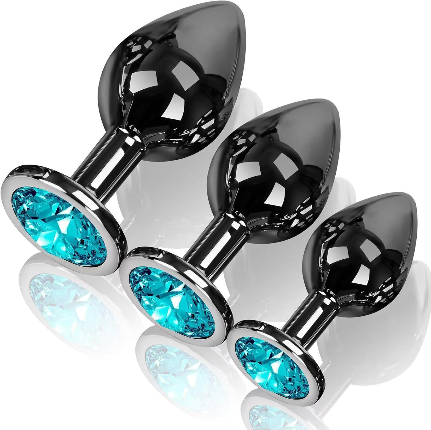 Siyah Metal Lüks Mücevher Taşlı Anal Alıştırma 3 Farklı Boyutlarda Genişletici Açıcı Plug Tıkaç Set
