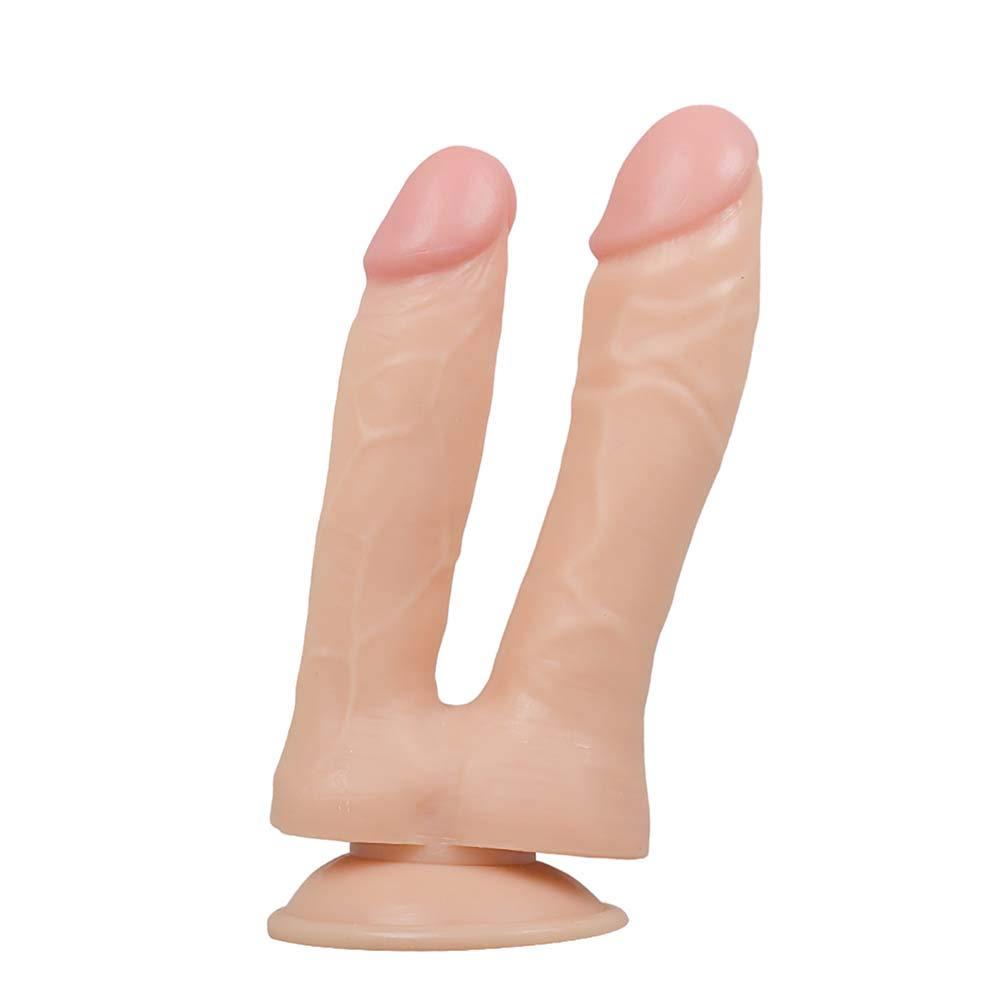 Ten Renginde Çift Başlıklı Vantuzlu Gerçekçi Et Dokusunda Anal Vajinal Dildo Çatal Realistik Penis