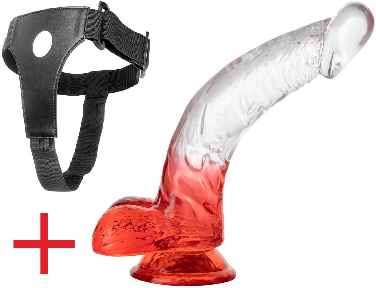 Testisli Belden Bağlamalı Şeffaf Kırmızı Jel Doku 20 Cm Kemerli Vantuzlu Realistik Takma Dildo Penis