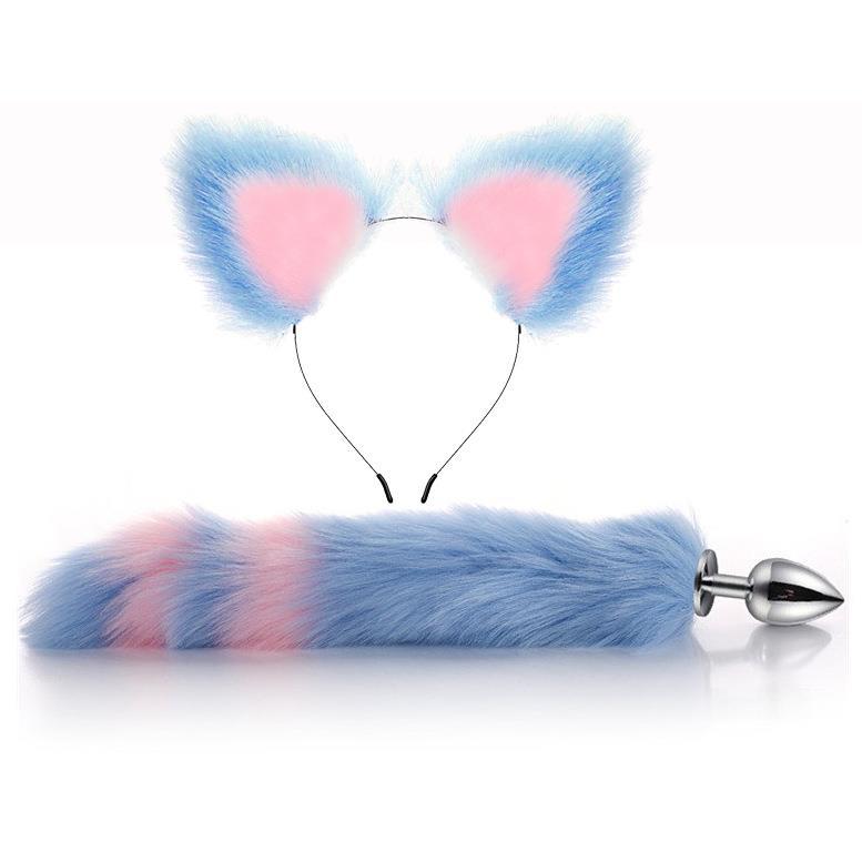 Tüylü Anal Tıkaç + Kedi Kulaklı Taç Pelüş Anal Plug Kuyruk Tıkaç Mavi Pembe Plug Fantezi Set